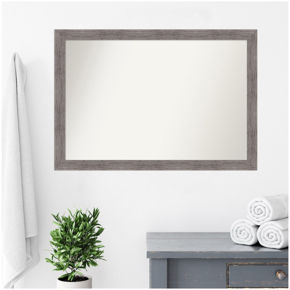 Amanti Art Narrow Non-Beveled Rectangle Framed Bathroom Wall Mirror, 27-1/2in x 39-1/2in, Pinstripe Plank Gray