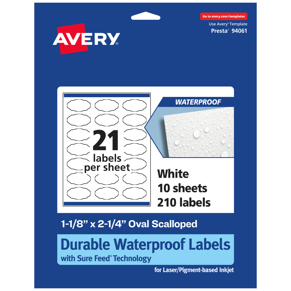 Avery Waterproof Permanent Labels With Sure Feed, 94061-WMF10, Oval Scalloped, 1-1/8in x 2-1/4in, White, Pack Of 210