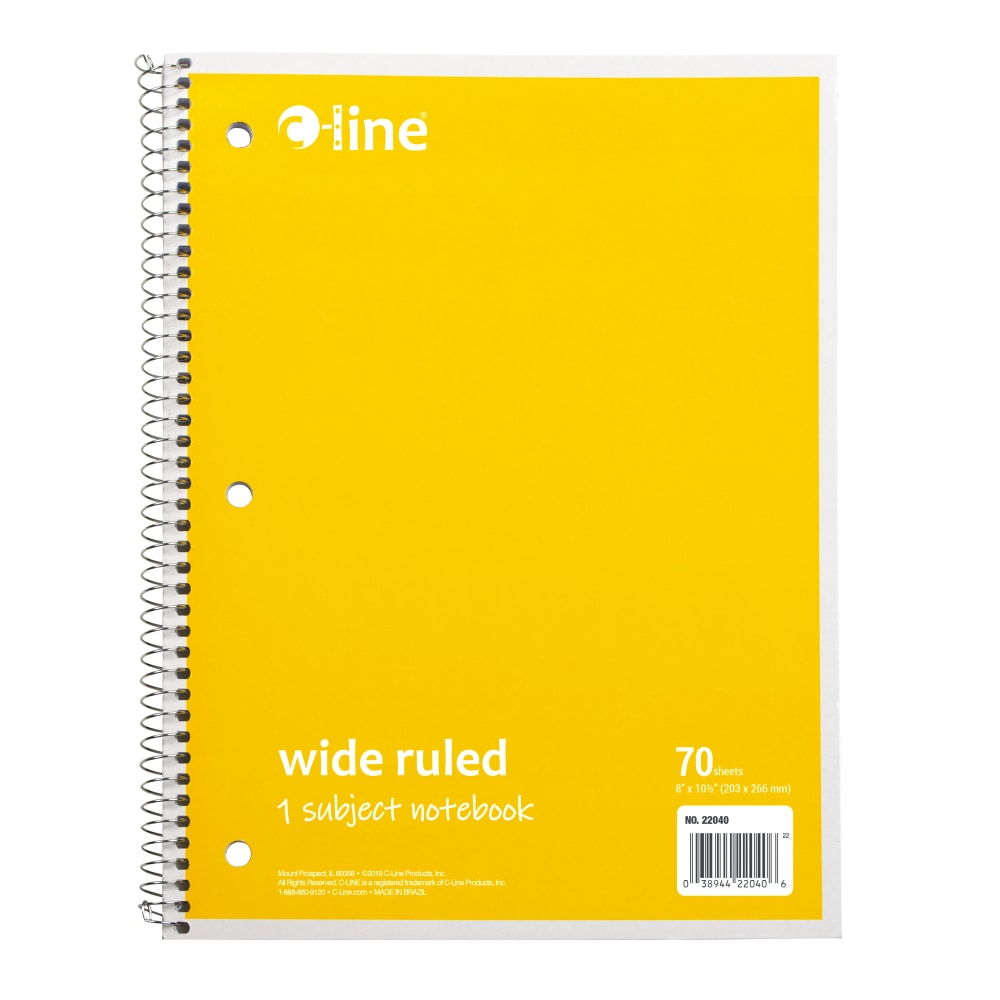 C-Line Wide Rule Spiral Notebooks, 8in x 10-1/2in, 1 Subject, 70 Sheets, Yellow, Case Of 24 Notebooks