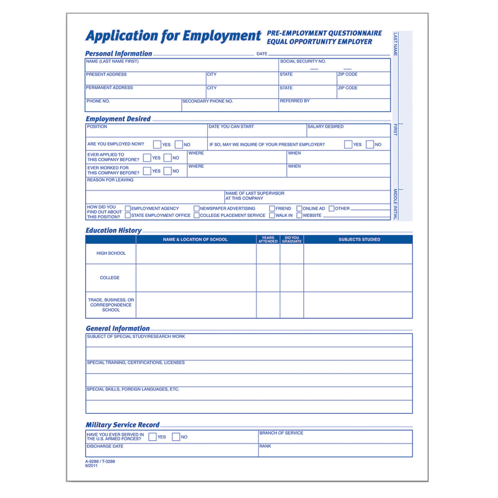 Adams Application For Employment, 8 1/2in x 11in, Pack Of 25