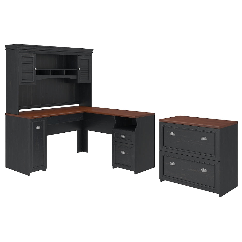 Bush Business Furniture Fairview 60inW L-Shaped Corner Desk With Hutch And Lateral File Cabinet, Antique Black/Hansen Cherry, Standard Delivery