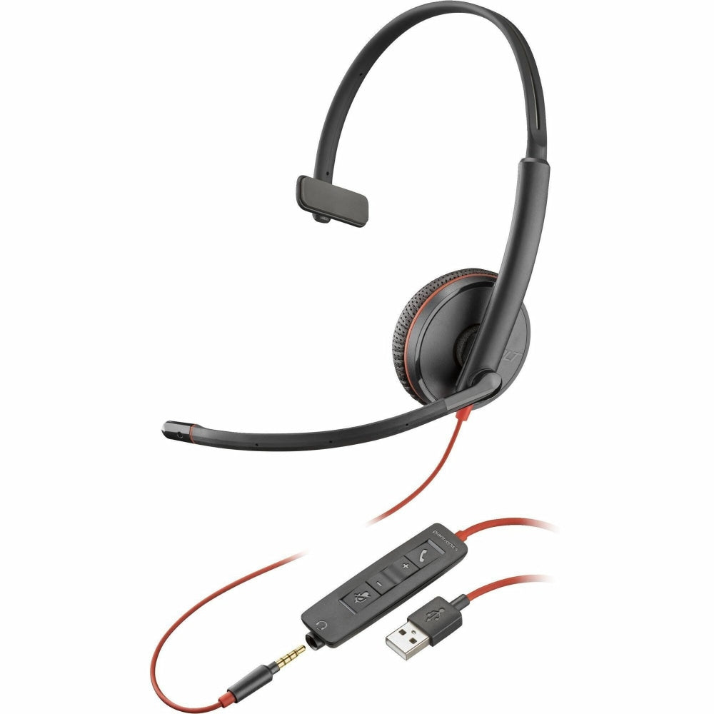 Poly Blackwire C3215 Headset - Mono - Mini-phone (3.5mm), USB Type A - Wired - 32 Ohm - 20 Hz - 20 kHz - Over-the-head, Over-the-ear - Monaural - Supra-aural - 7.40 ft Cable - Noise Cancelling Microphone - Black