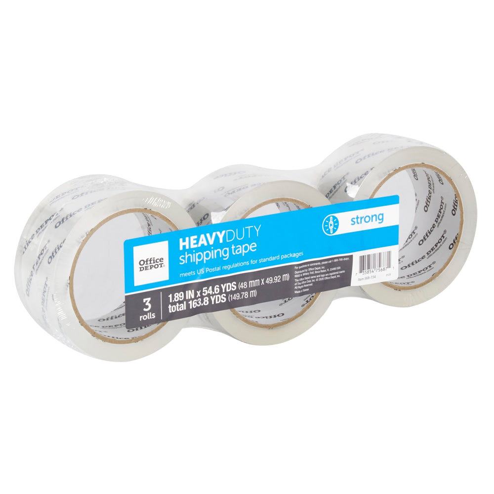 Office Depot Brand Heavy Duty Shipping Packing Tape,  1.89in x 54.6 Yd., Crystal Clear, Pack Of 3 Rolls