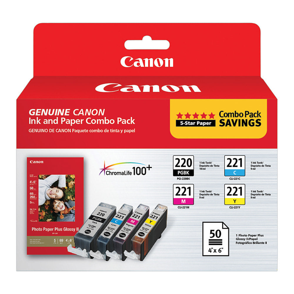 Canon PGI-220/CLI-221 ChromaLife 100+ Black And Cyan, Magenta, Yellow Ink Tanks And Photo Paper, Pack Of 4, 2945B011