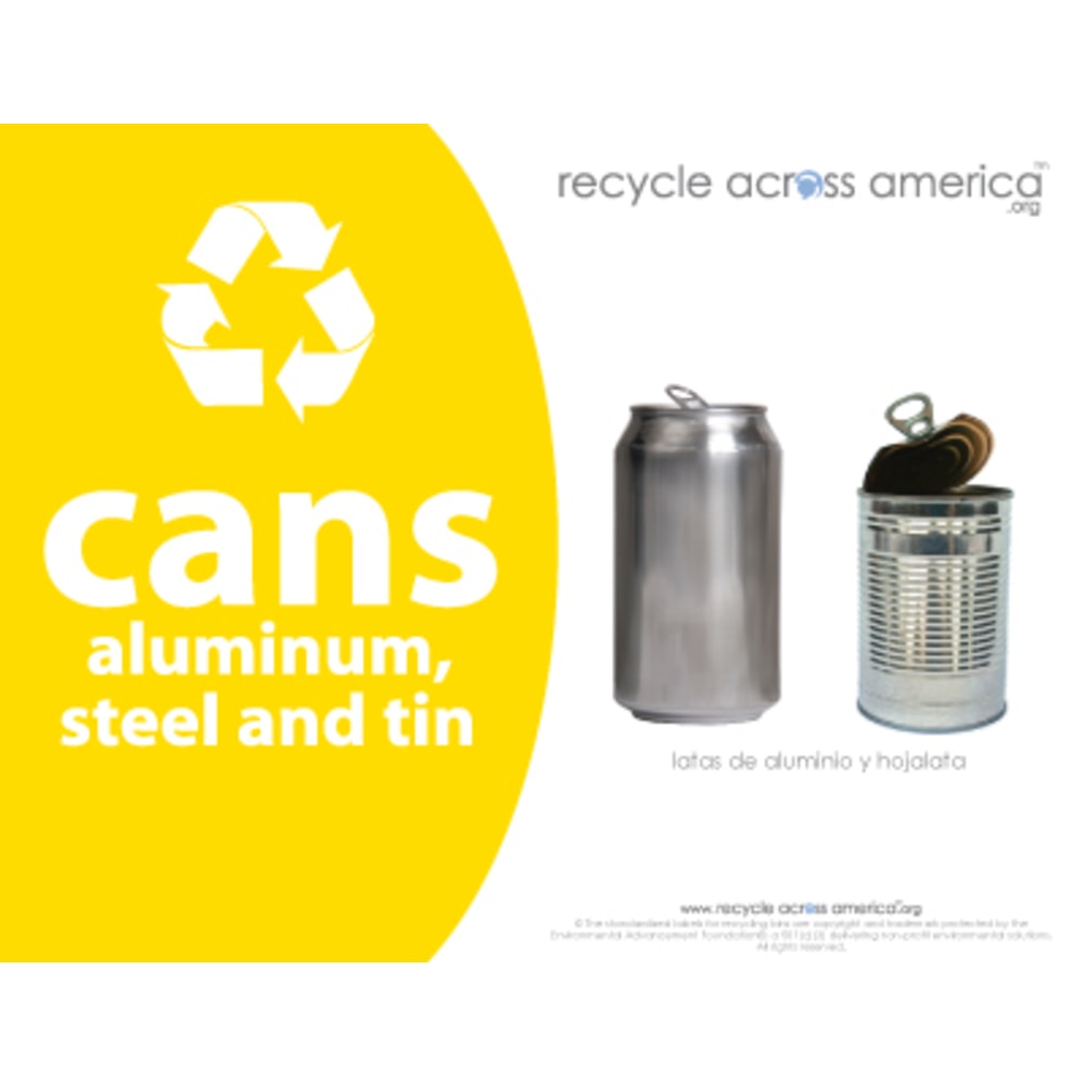 Recycle Across America Aluminum, METAL-8511, Steel And Tin Cans Standardized Recycling Labels, 8 1/2in x 11in, Yellow