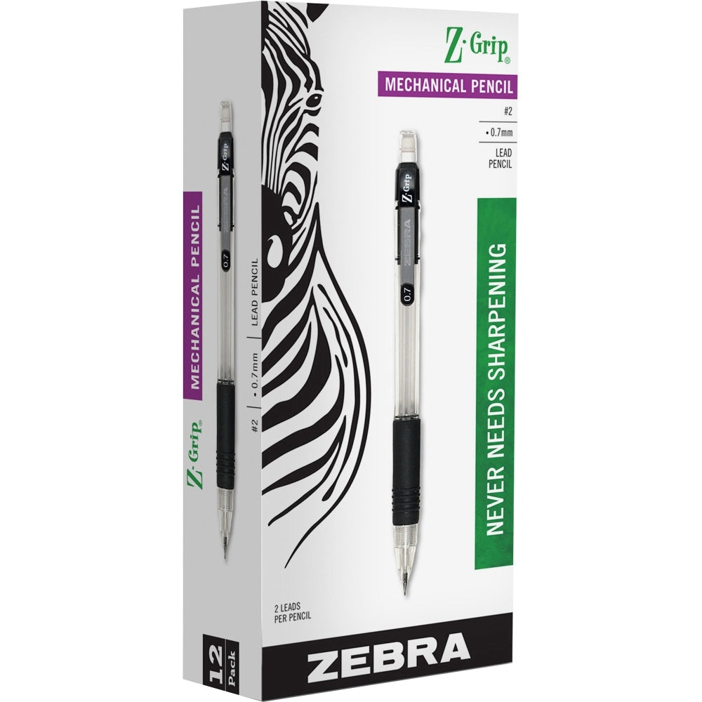 Zebra Pen Z-Grip Mechanical Pencils, Pack Of 12, Medium Point, 0.7 mm, Clear/Black Barrel