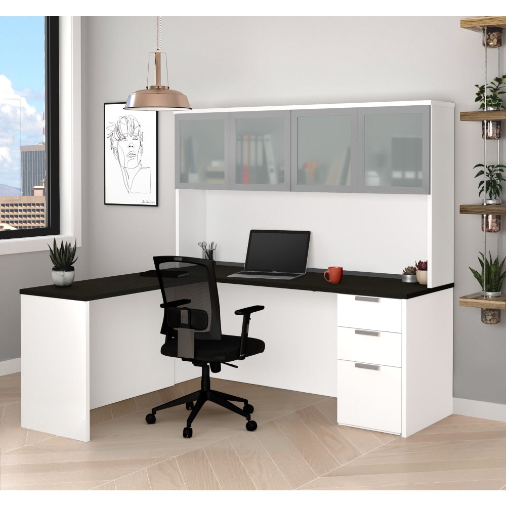 Bestar Pro-Concept Plus 72inW L-Shaped Corner Desk With Pedestal And Frosted Glass-Door Hutch, White/Deep Gray