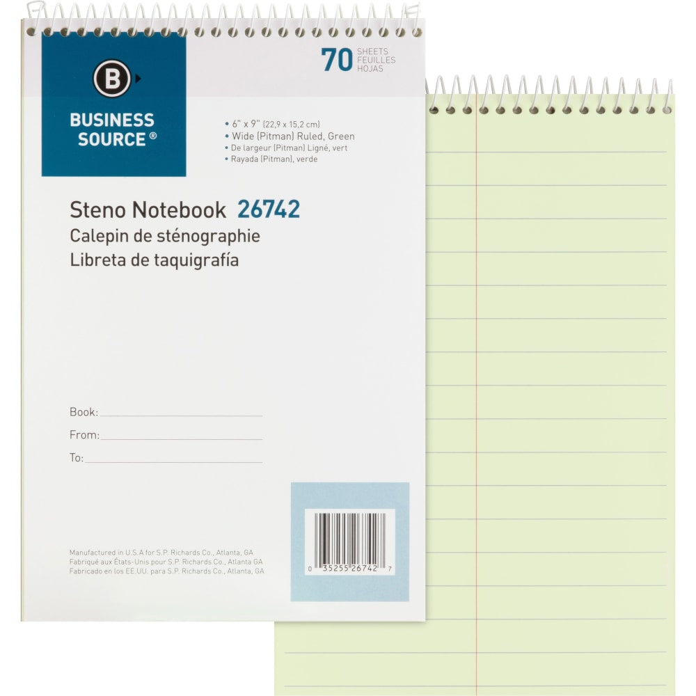 Business Source Steno Notebook - 70 Sheets - Wire Bound - Pitman Ruled Margin - 6in x 9in - Green Paper - Stiff-back - 1 Each