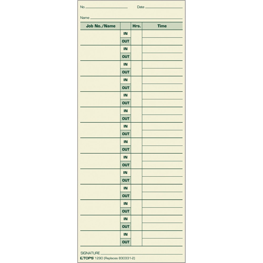 TOPS Job Cards Time Cards, 8.5in x 3.5in, Green Ink/Manila Paper, Box Of 500