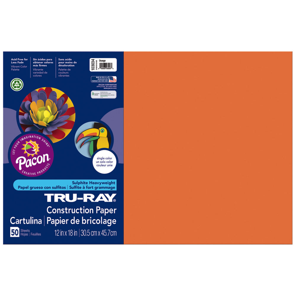 Tru-Ray Construction Paper, 50% Recycled, 12in x 18in, Orange, Pack Of 50