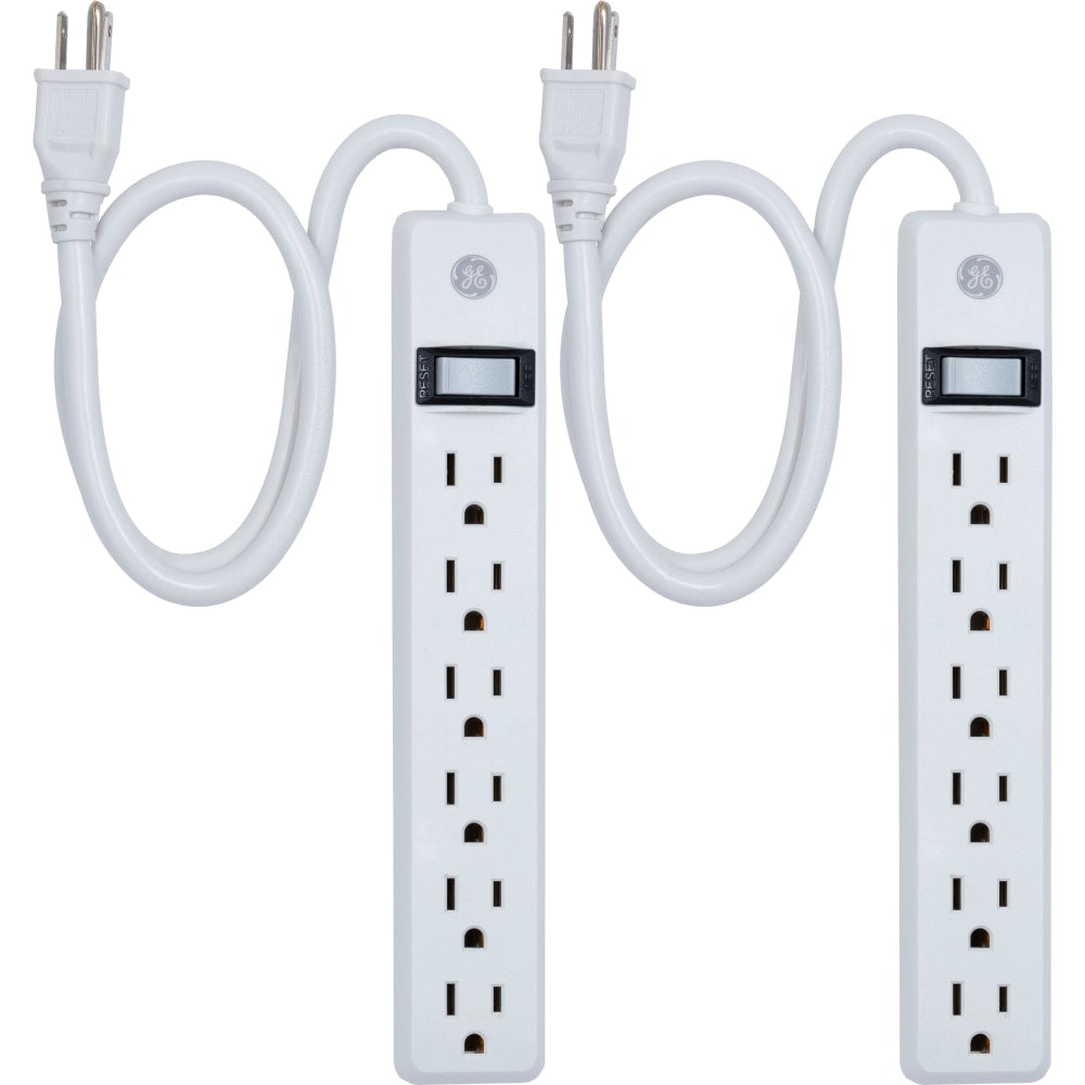 GE 6 Outlet Power Strip 2 Pack, 2ft Cord, White, 14833