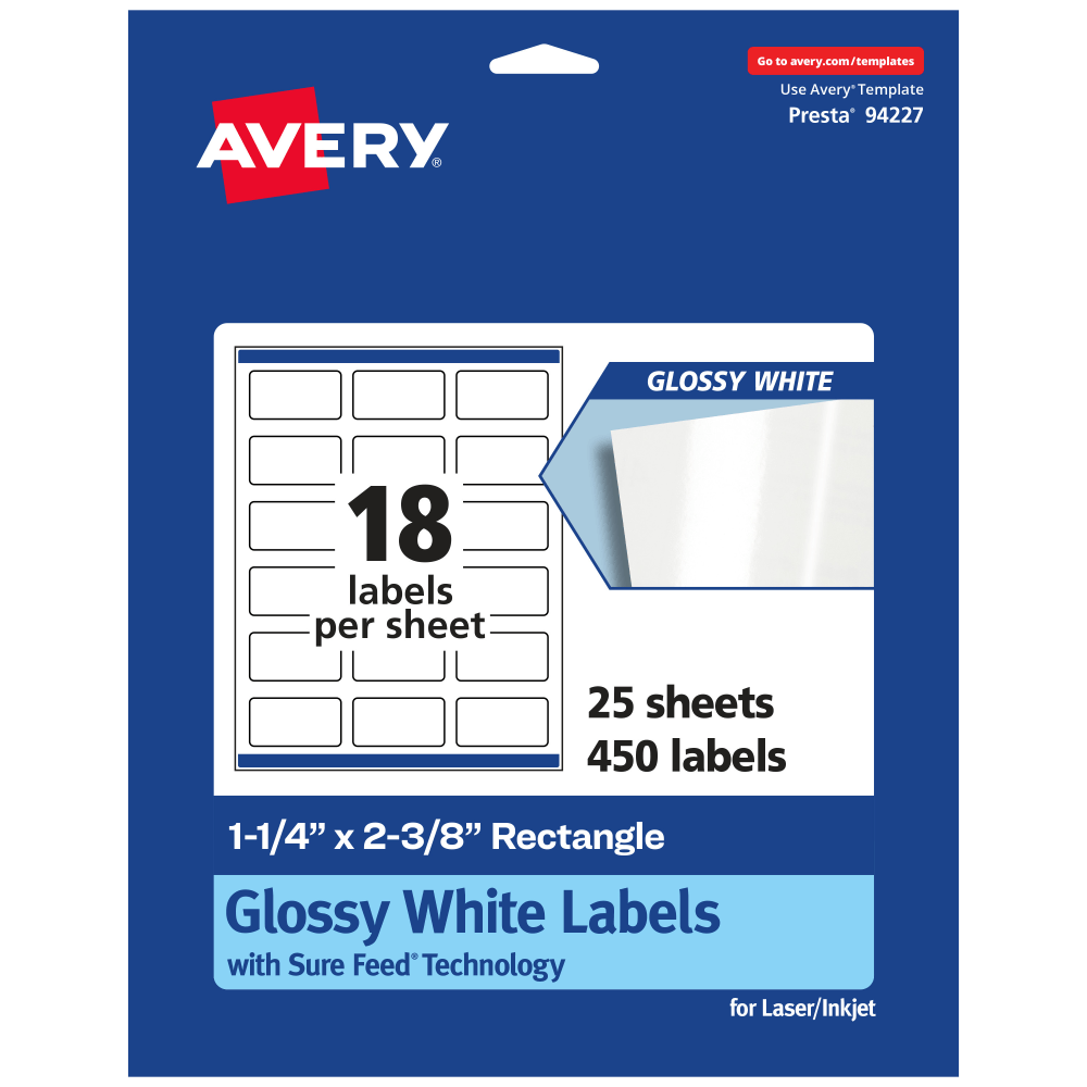 Avery Glossy Permanent Labels With Sure Feed, 94227-WGP25, Rectangle, 1-1/4in x 2-3/8in, White, Pack Of 450