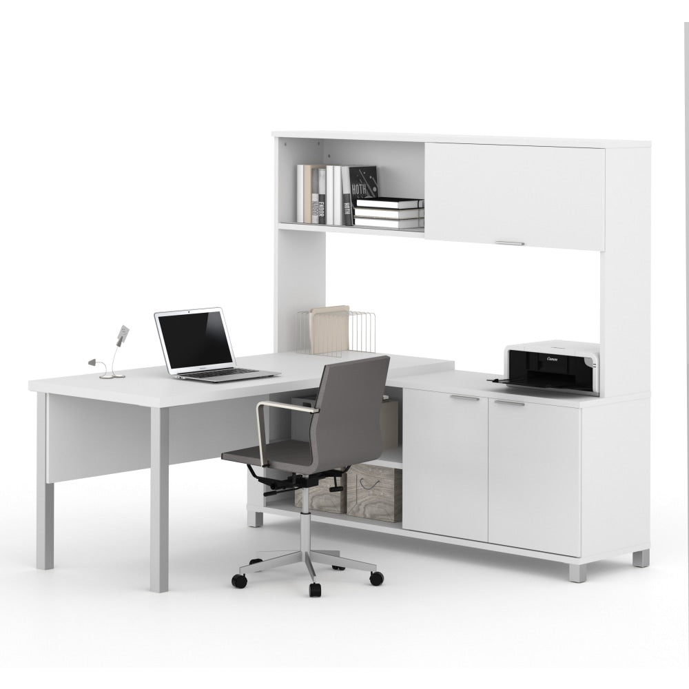 Bestar Pro-Linea 72inW L-Shaped Corner Desk With Metal Legs And Hutch, White