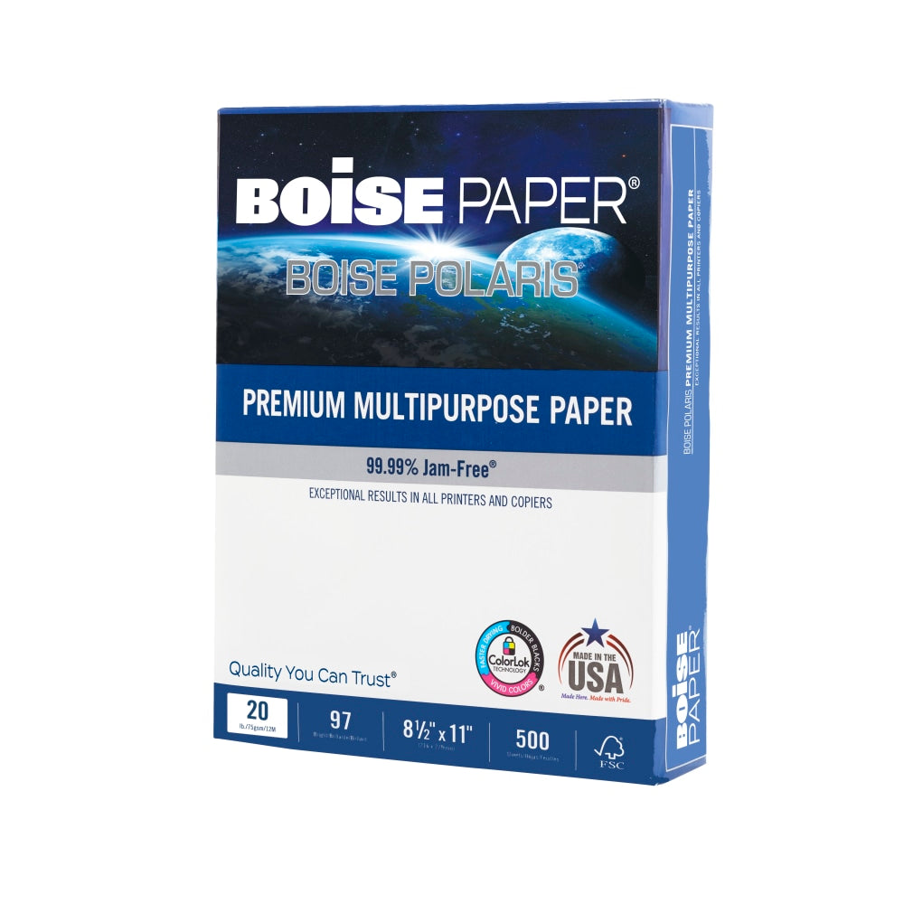 Boise POLARIS Premium Multi-Use Printer & Copy Paper, White, Letter (8.5in x 11in), 500 Sheets Per Ream, 20 Lb, 92 Brightness, FSC Certified