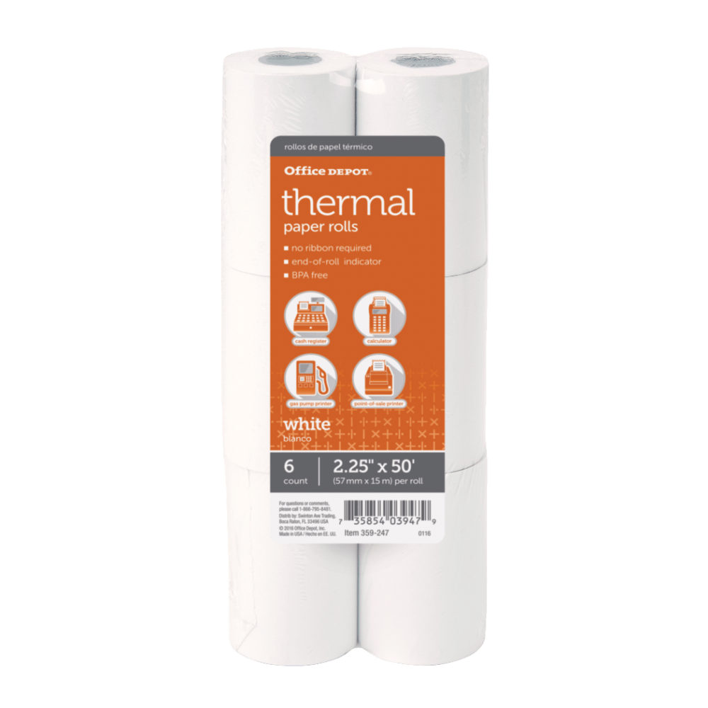 Office Depot Brand Thermal Paper Rolls, 2-1/4in x 50ft, White, Pack Of 6