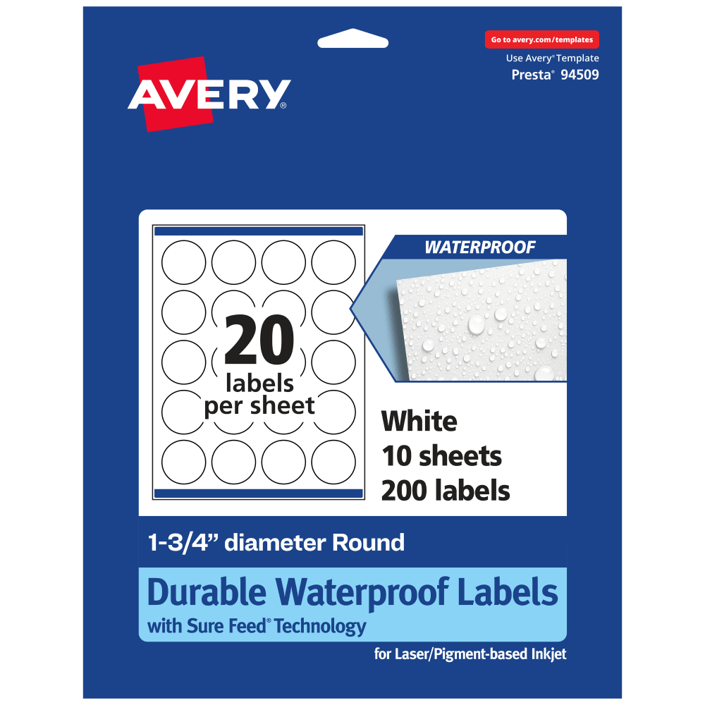 Avery Waterproof Permanent Labels With Sure Feed, 94509-WMF10, Round, 1-3/4in Diameter, White, Pack Of 200