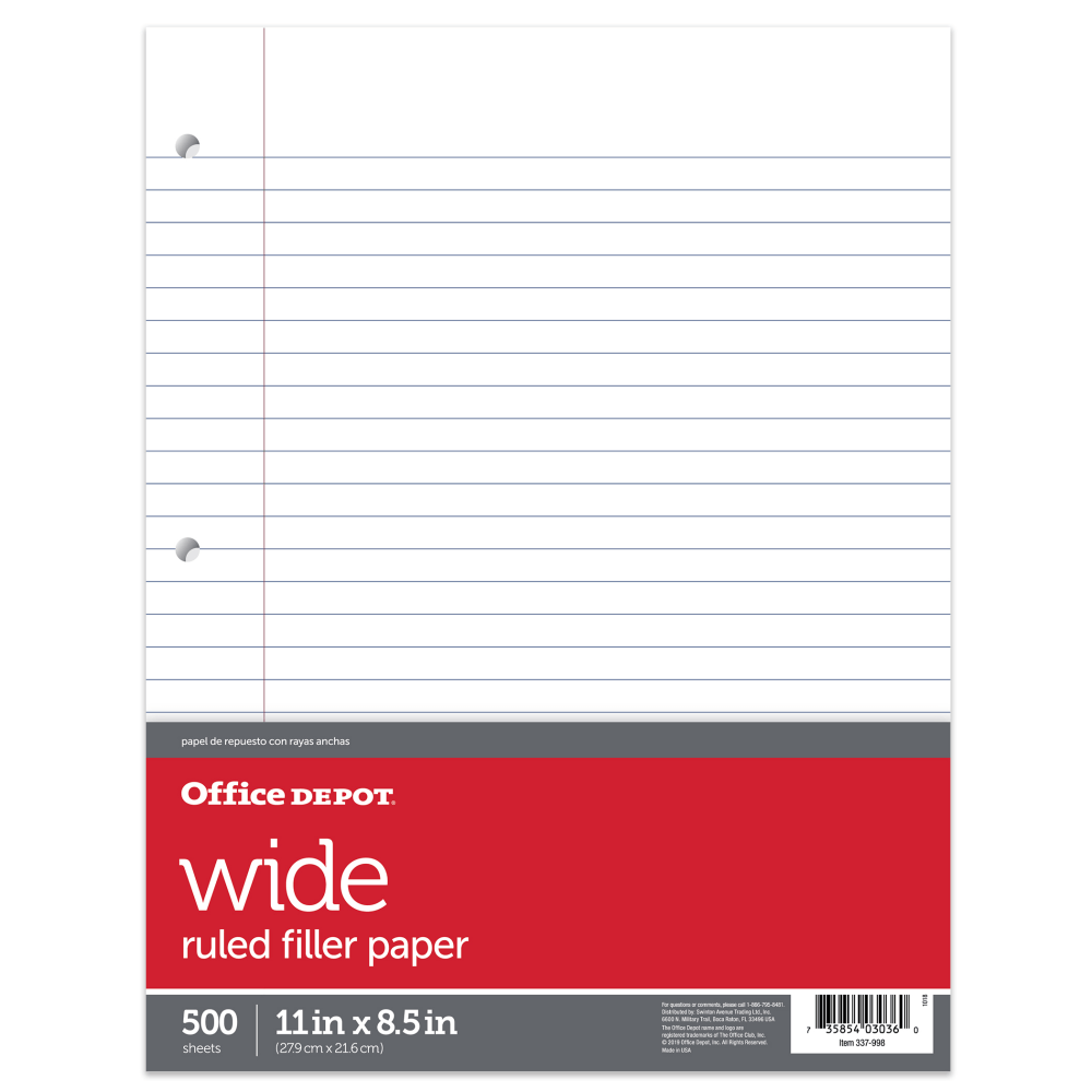 Office Depot Brand Ruled Filler Paper, 8 1/2in x 11in, Wide Ruled, White, Pack Of 500 Sheets