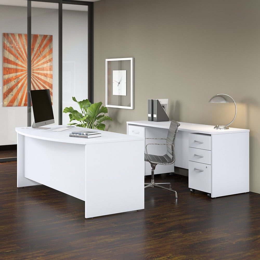 Bush Business Furniture Studio C 72inW Bow-Front Computer Desk And Credenza With Mobile File Cabinets, White, Standard Delivery