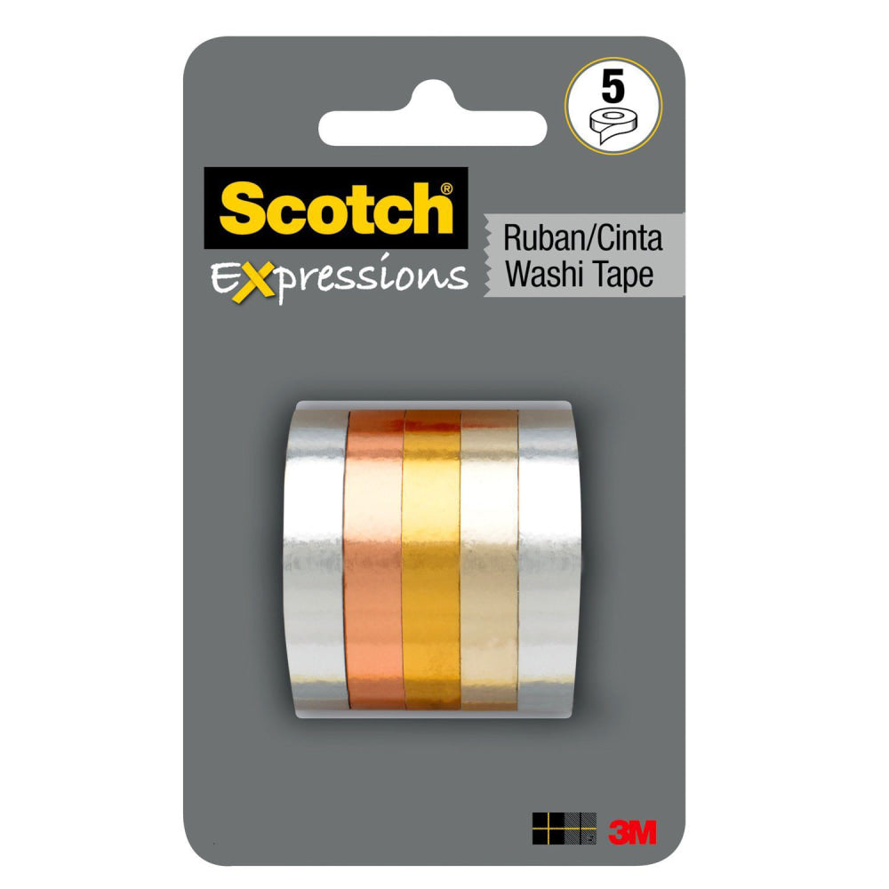 Scotch Expressions Washi Tape, 0.27in x 5.46 yd., Metallic, Pack Of 5