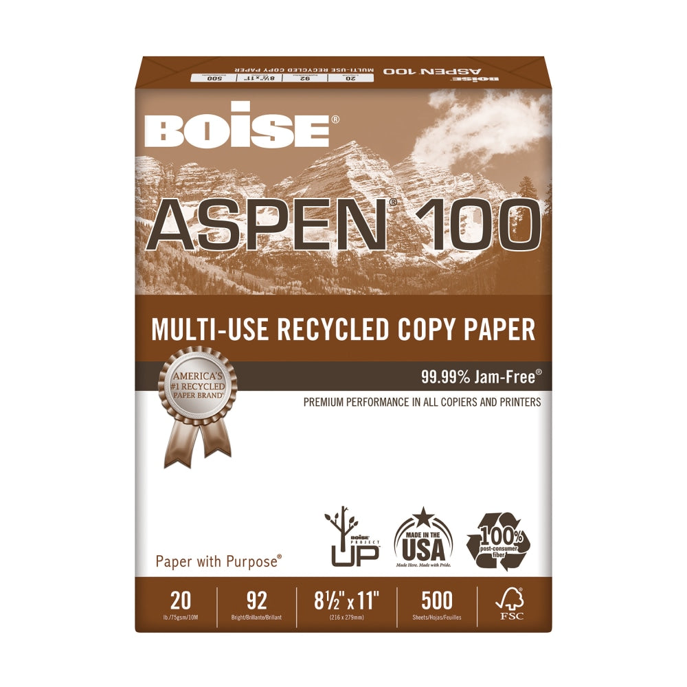 Boise ASPEN 100 Multi-Use Printer & Copy Paper, White, Letter (8.5in x 11in), 500 Sheets Per Ream, 20 Lb, 92 Brightness, 100% Recycled, FSC Certified