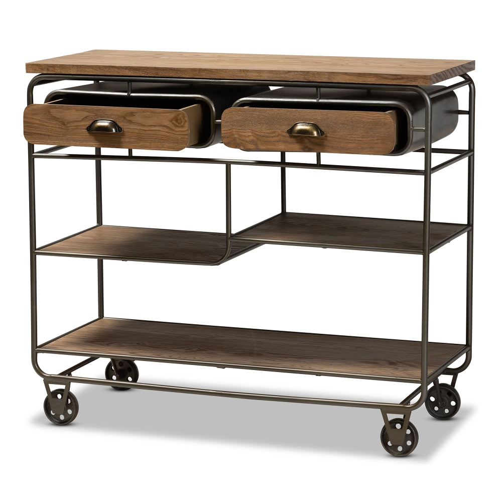 Baxton Studio Vintage Rustic Industrial 2-Drawer Kitchen Cart, 32-1/4in x 38-1/2in, Oak Brown/Black