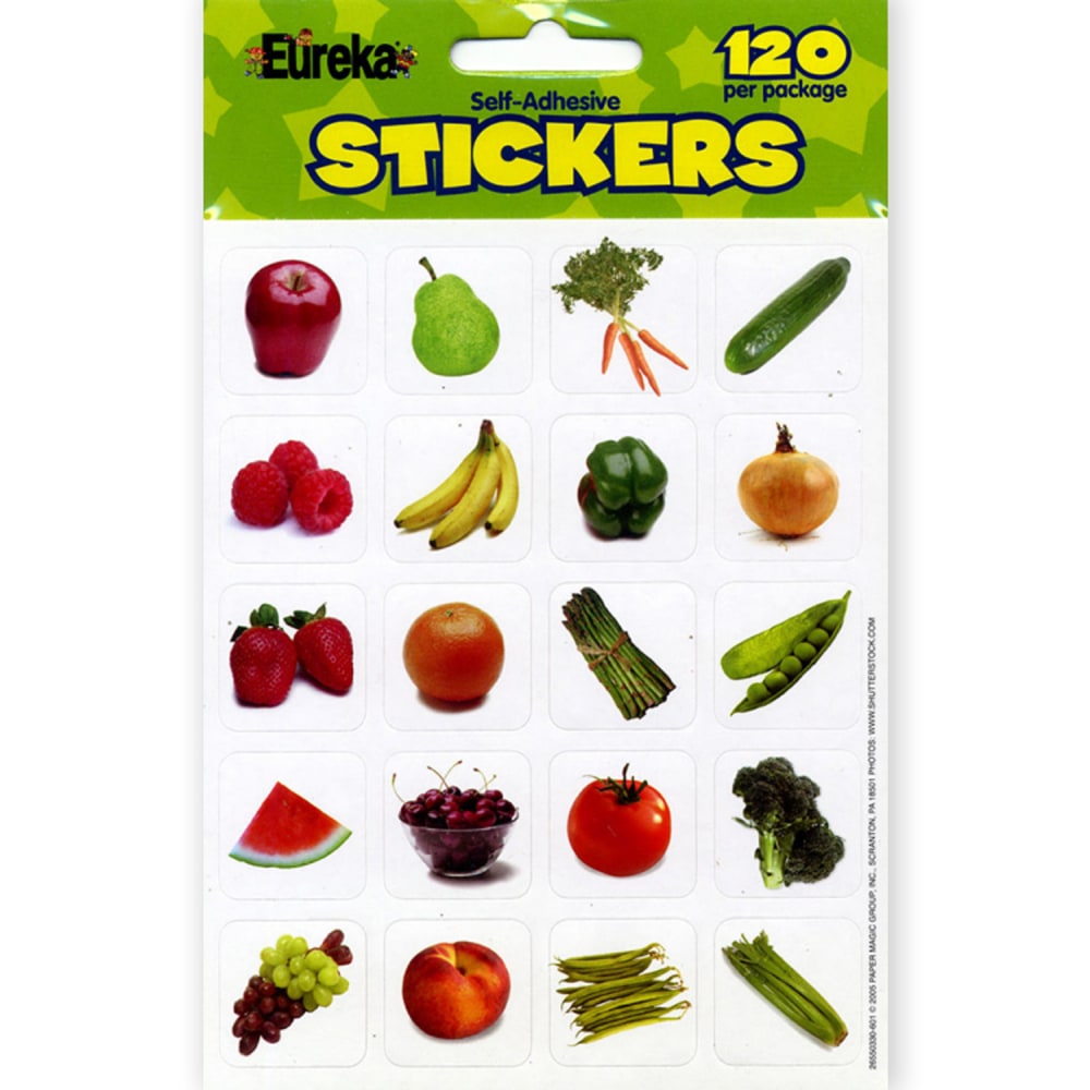 Eureka Theme Stickers, Fruits & Vegetables, 120 Stickers Per Pack, Set Of 12 Packs