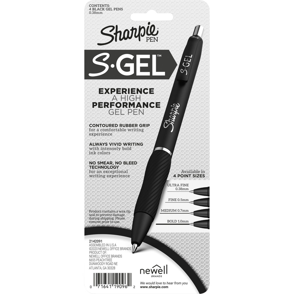 Sharpie S-Gel Pens, Ultra-Fine Point, 0.38 mm, Black Barrel, Black Ink, Pack Of 4 Pens