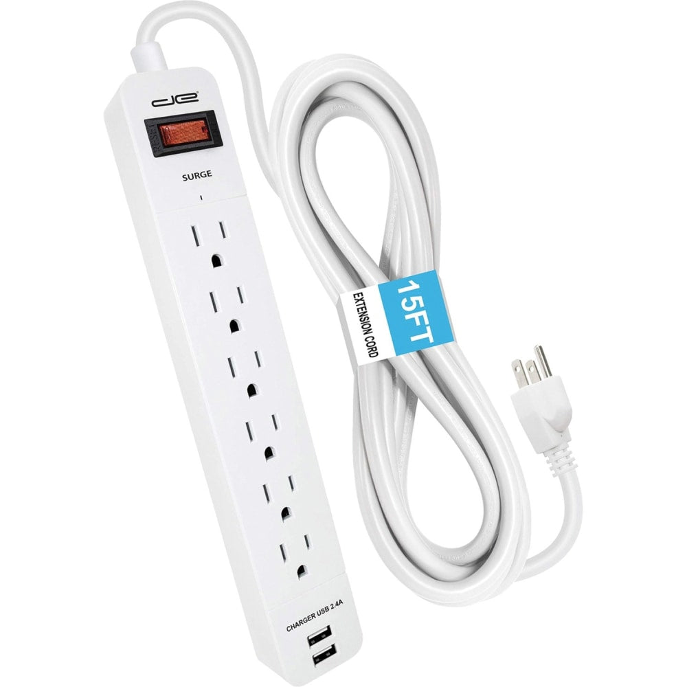 Digital Energy World 6-Outlet Surge Protector Power Strip with 2 USB Ports and 15-Foot Cord (White) - 6 x AC Power, 2 x USB - 1875 VA - 1050 J - 120 V AC Input - 15 ft