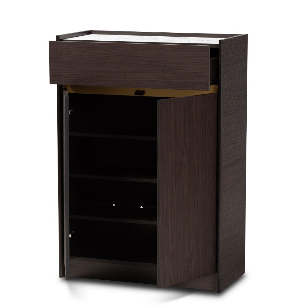 Baxton Studio Walker 28inW Shoe Cabinet With Faux Marble Top, Dark Brown/Gold