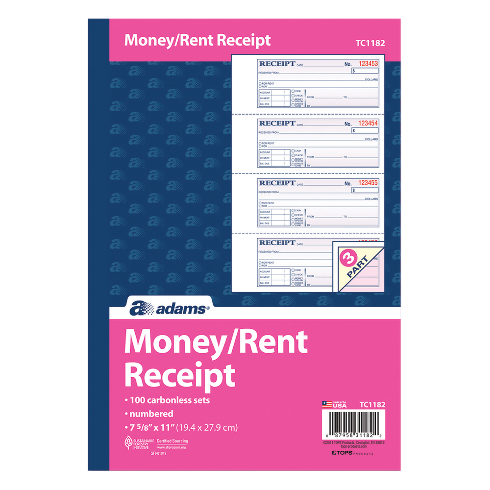 Adams Carbonless Money/Rent Receipt Book, 3-Part, 7 5/8in x 11in, Book Of 100 Sets