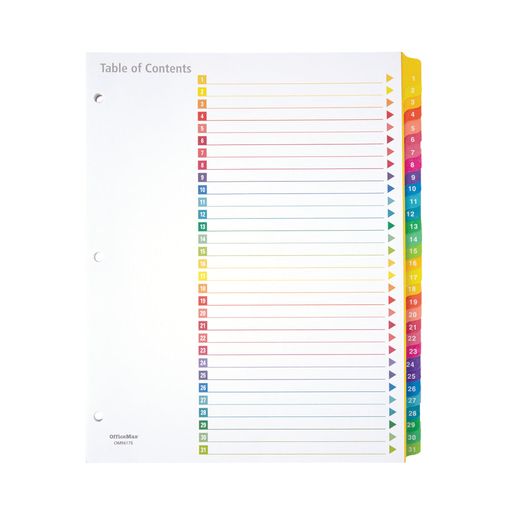 Office Depot Brand Table Of Contents Customizable Index With Preprinted Tabs, Multicolor, Numbered 1-31