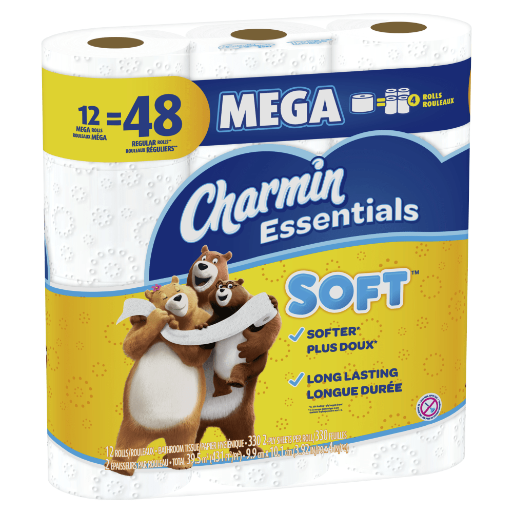 Charmin Essentials 2-Ply Soft Mega Toilet Paper Rolls, 15in x 5-1/4in, White, 330 Sheets Per Roll, Pack Of 12 Rolls