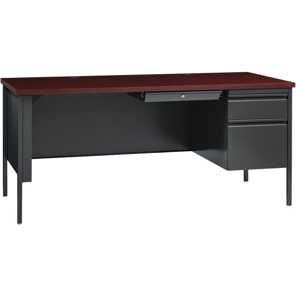 Lorell Fortress Series Steel Right-Handed Pedestal Writing Desk, 66inW, Charcoal/Mahogany