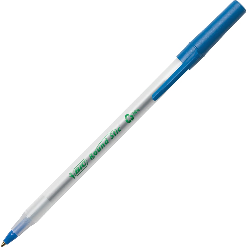 BIC Ecolutions Round Stic Ball Pens, Medium Point, 1.0 mm, 74% Recycled, Translucent Barrel, Blue Ink, Pack Of 50 Pens