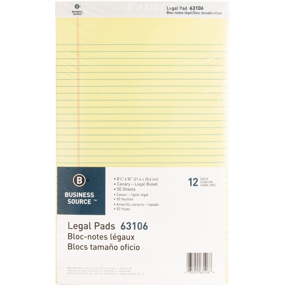 Business Source Legal Pads - 50 Sheets - 0.34in Ruled - 16 lb Basis Weight - Legal - 8 1/2in x 14in - Canary Paper - Micro Perforated, Easy Tear, Sturdy Back - 1 Dozen