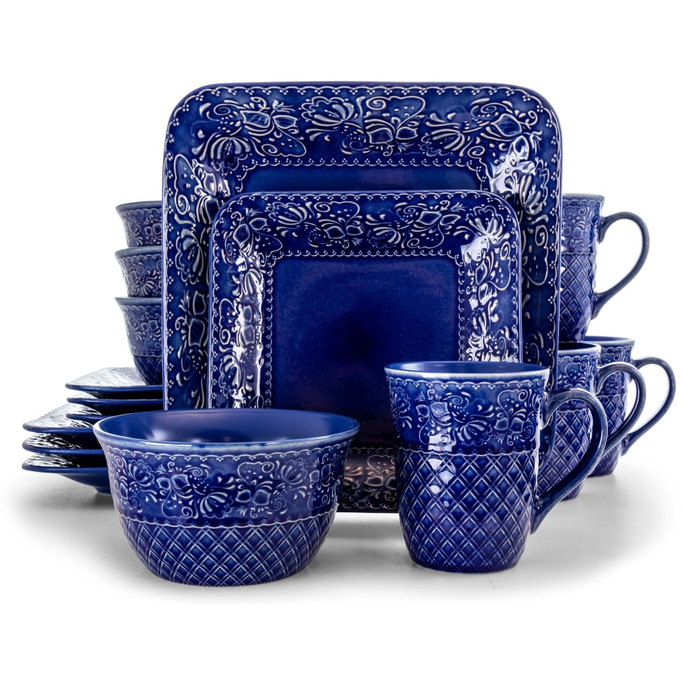 Elama 16-Piece Stoneware Dinnerware Set, Indigo Lotus