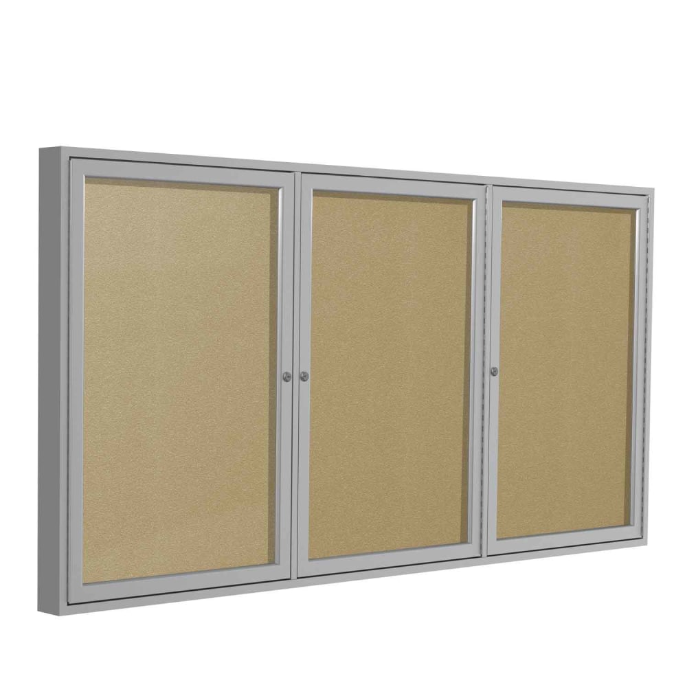 Ghent Traditional 3-Door Outdoor Enclosed Vinyl Bulletin Board, 48in x 96in, Caramel, Satin Aluminum Frame