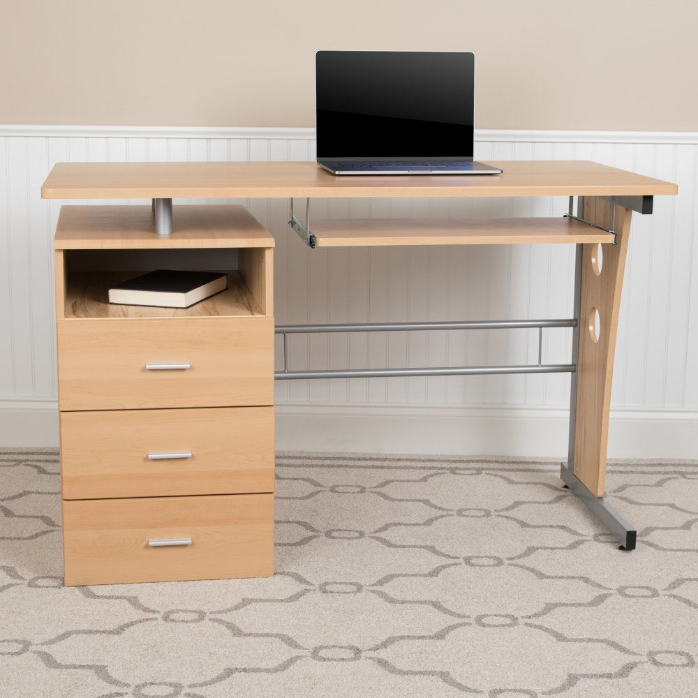 Flash Furniture 48inW Computer Desk With 3-Drawer Single Pedestal, Maple