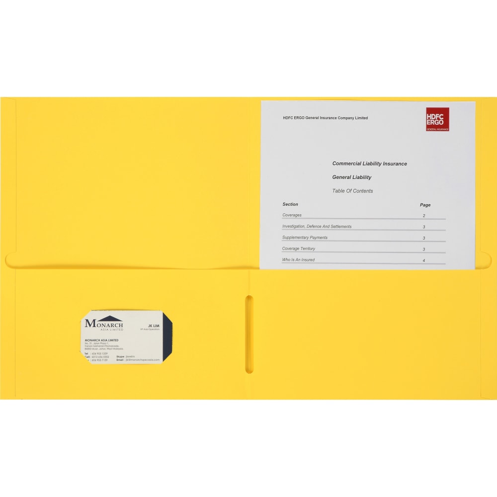 Business Source 8-1/2x11 Double Pocket Portfolio - Letter - 8 1/2in x 11in Sheet Size - 125 Sheet Capacity - Inside Front & Back Pocket(s) - Paper Stock - Yellow - 25 / Box