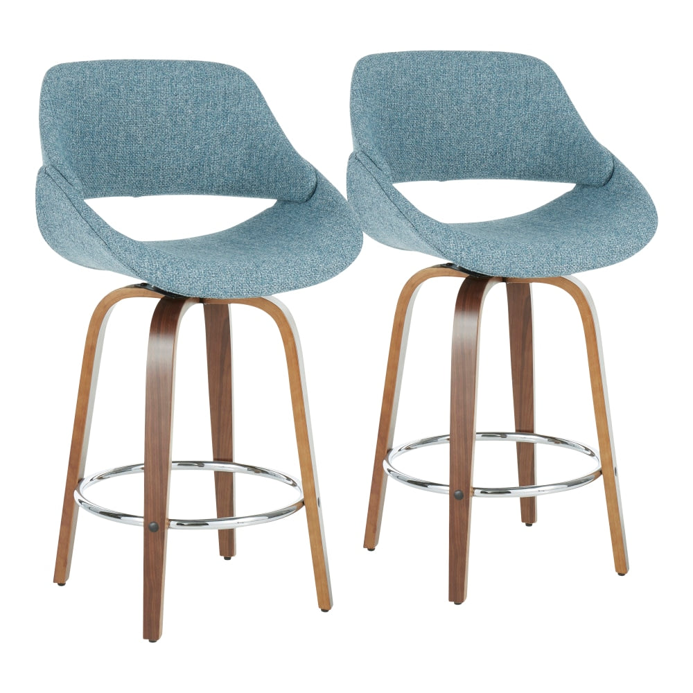 LumiSource Fabrico Counter Stools, Blue Seat/Walnut Frame/Silver Round Footrest, Set Of 2 Stools