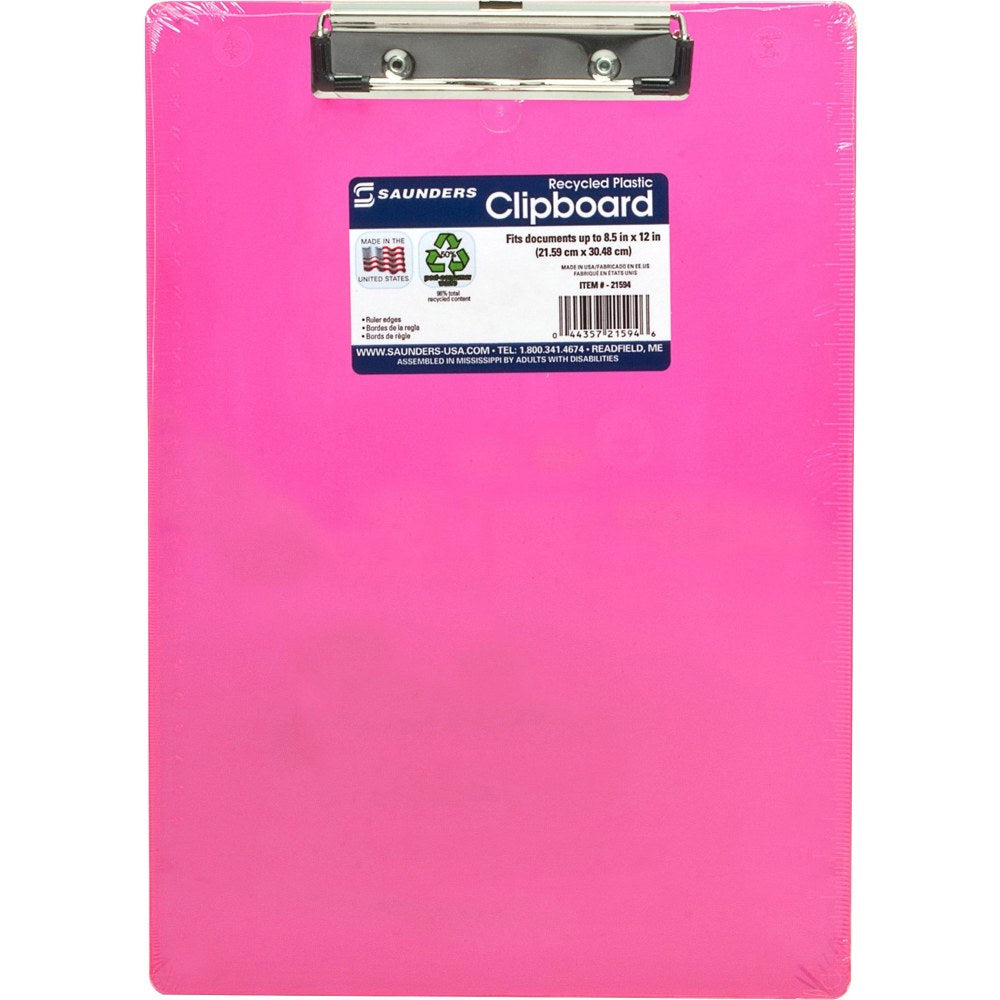 Saunders Neon Plastic Clipboards - 0.50in Clip Capacity - Low-profile - Plastic - Neon Pink - 1 Each