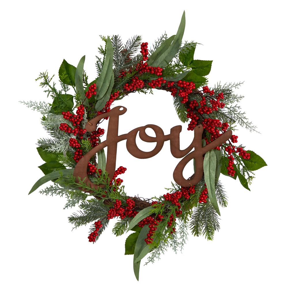 Nearly Natural Joy And Berries 24inH Evergreen Artificial Christmas Wreath, 24in x 4in, Green