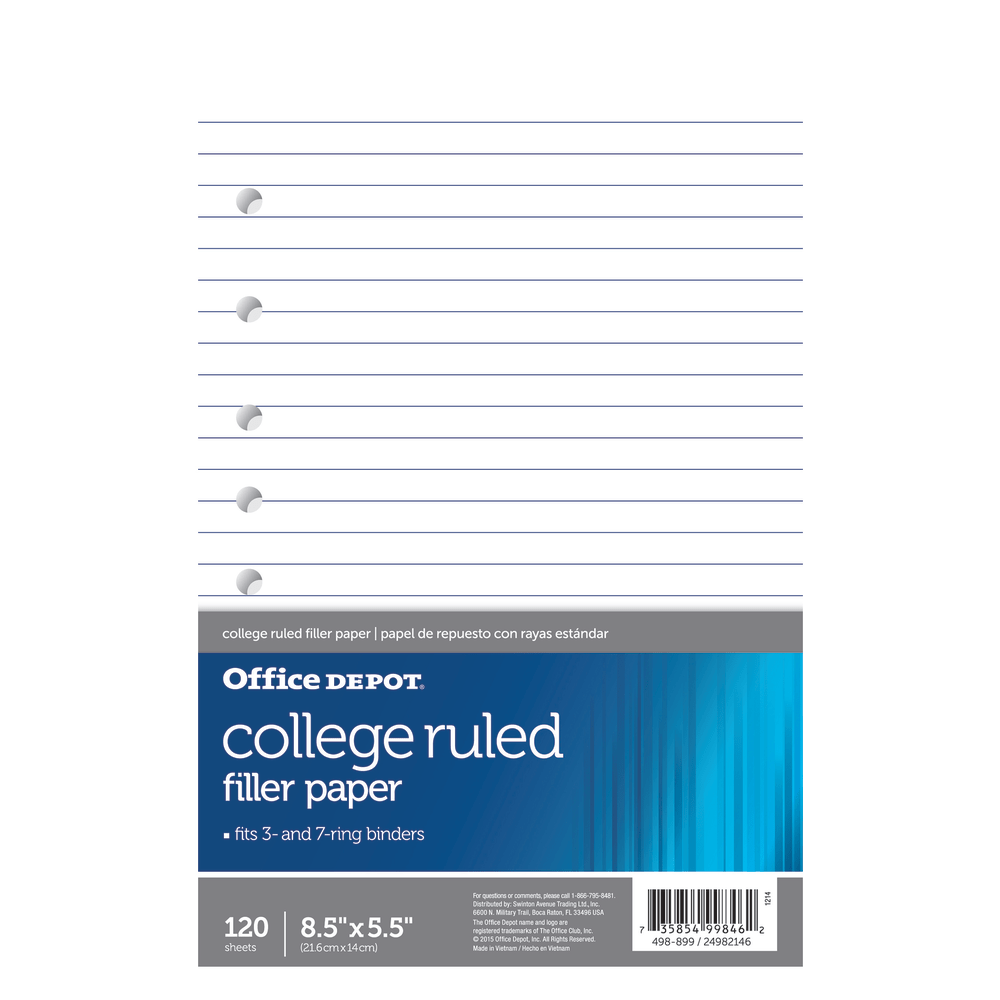 Office Depot Brand College-Ruled Notebook Filler Paper, 7-Hole Punched, 8 1/2in x 5 1/2in, 120 Sheets