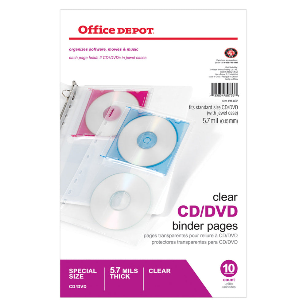 Office Depot Brand CD/DVD Binder Pages, 6in x 10 1/2in, Clear, Pack Of 10