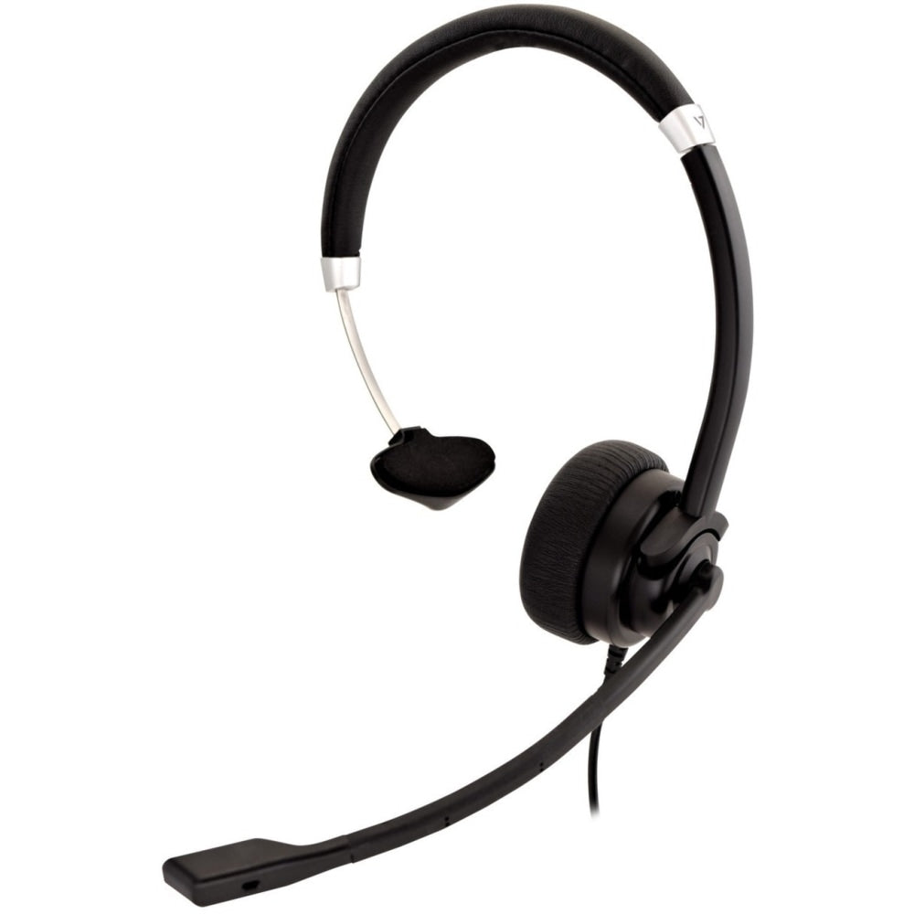 V7 Deluxe USB Mono Headset with Boom Mic - Mono - USB - Wired - 31.50 Hz - 20 kHz - Over-the-head - Monaural - Supra-aural - 5.91 ft Cable - Echo Cancelling, Noise Cancelling, Omni-directional Microphone - Black, Silver