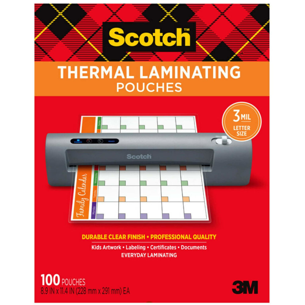 Scotch Thermal Laminating Pouches, 100 Laminating Sheets, 3 mil., Laminate Business Cards, Banners and Essays, Ideal Office or Back to School Supplies, Fits Letter Size (8.9 in x 11.4 in.) Paper