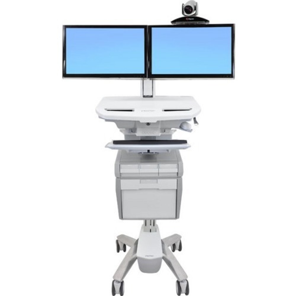 Ergotron StyleView Dual-Monitor Telepresence Cart, 50.5inH x 17.5inW x 31inD, Gray/White/Polished Aluminum