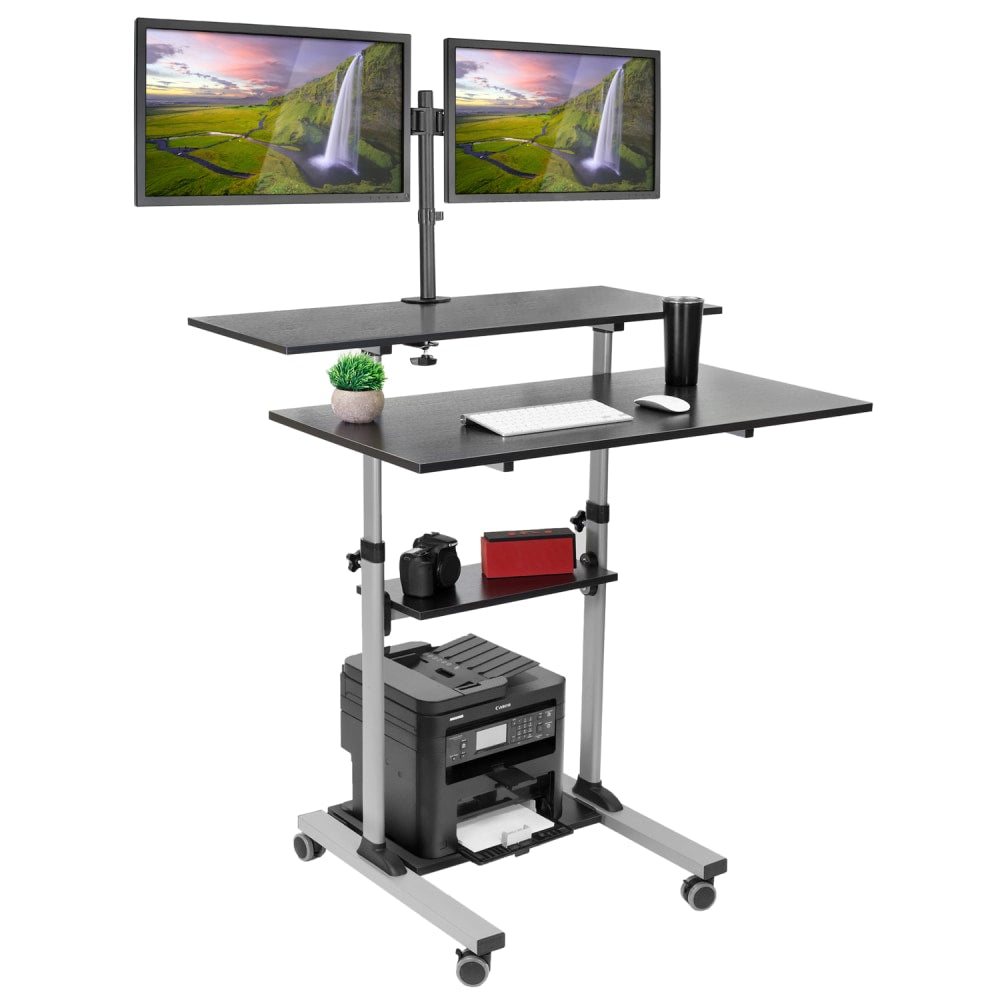 Mount-It! MI-7972 Mobile Standing Desk Workstation, With Dual-Monitor Mount, 72-1/4inH x 39-1/2inW x 26inD, Silver