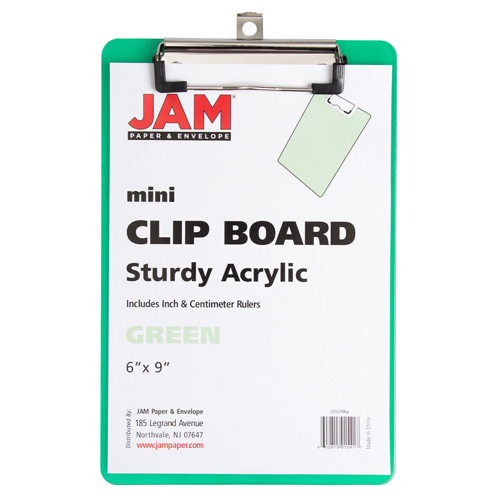 JAM Paper Plastic Mini Clipboard. 6in x 9in, Green