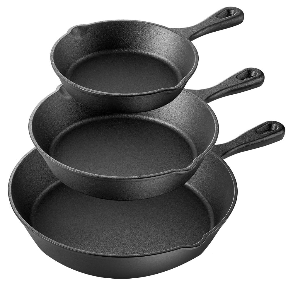 MegaChef Pre-Seasoned 3-Piece Cast Iron Skillet Set, Black